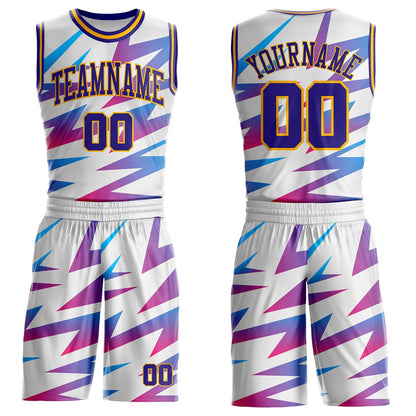 Custom White Dark Purple-Gold Abstract Lightning Round Neck Sublimation Basketball Uniform Jersey