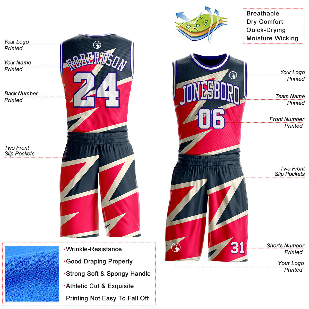 Custom Black White Red Cream-Dark Purple Vibrant Lightning Stripe Round Neck Sublimation Basketball Uniform Jersey