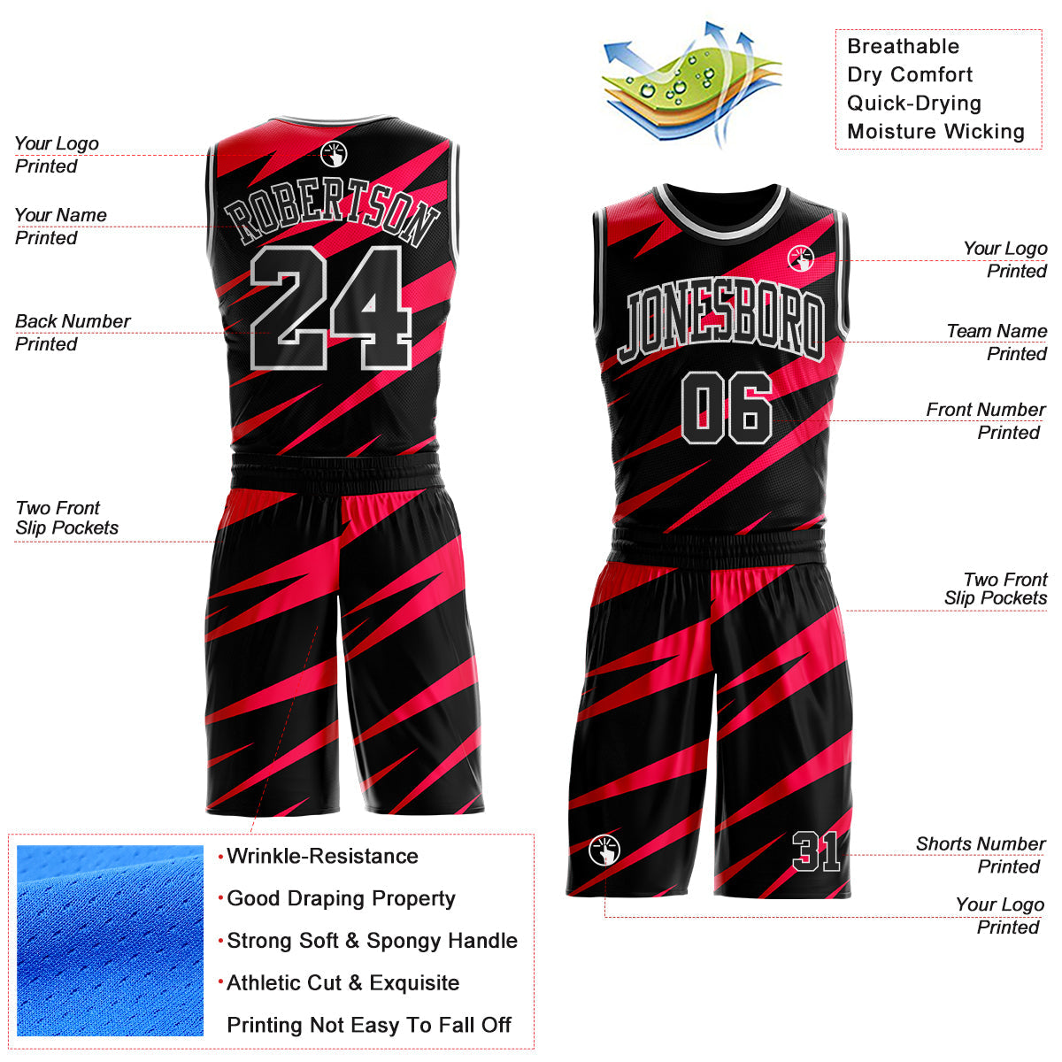 Custom Black Red-White Vibrant Lightning Stripe Round Neck Sublimation Basketball Uniform Jersey
