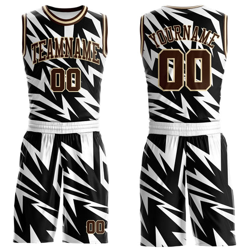 Custom White Brown Black-Cream Vibrant Lightning Stripe Round Neck Sublimation Basketball Uniform Jersey