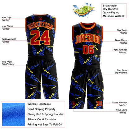 Custom Black Red Blue-Gold Vibrant Lightning Round Neck Sublimation Basketball Uniform Jersey