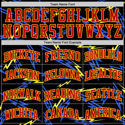 Custom Black Red Blue-Gold Vibrant Lightning Round Neck Sublimation Basketball Uniform Jersey