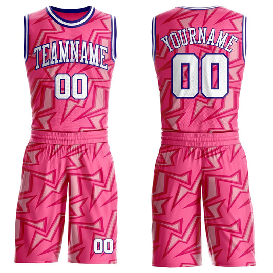 Custom Pink White-Dark Purple Abstract Lightning Round Neck Sublimation Basketball Uniform Jersey