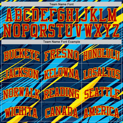 Custom Blue Red-Gold Abstract Lightning Round Neck Sublimation Basketball Uniform Jersey