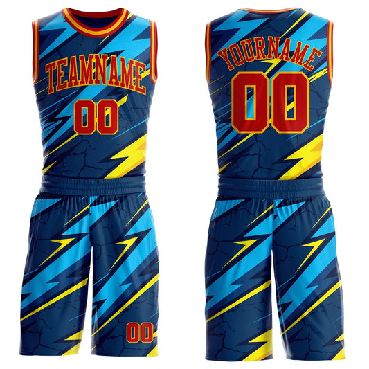 Custom Blue Red-Gold Abstract Lightning Round Neck Sublimation Basketball Uniform Jersey
