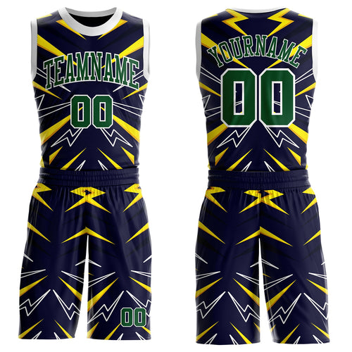Custom Blue Green Yellow-White Lightning Burst Round Neck Sublimation Basketball Uniform Jersey