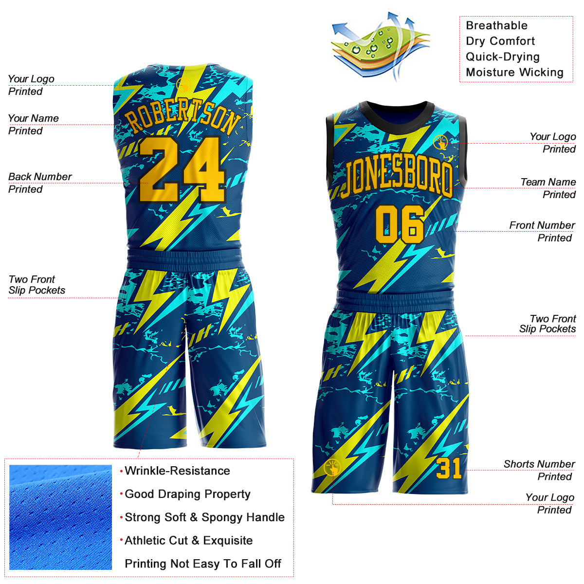 Custom Blue Yellow-Black Lightning Round Neck Sublimation Basketball Uniform Jersey
