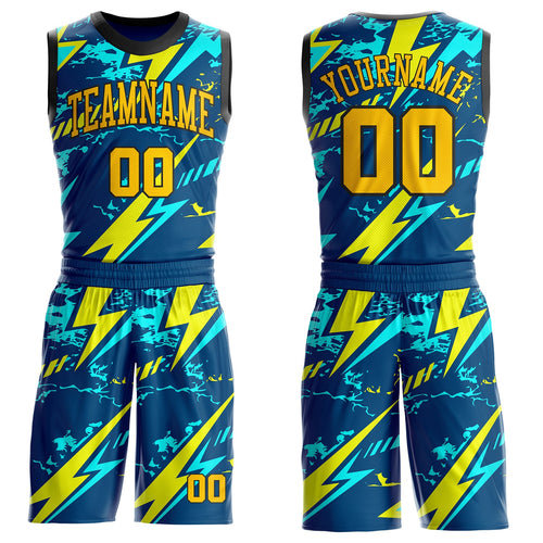 Custom Blue Yellow-Black Lightning Round Neck Sublimation Basketball Uniform Jersey