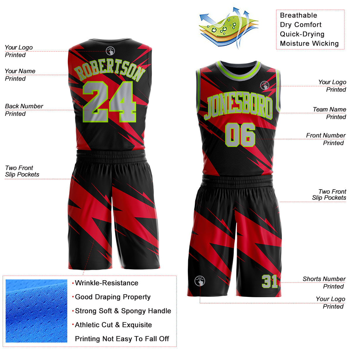 Custom Black Gray Red-Neon Green Abstract Lightning Round Neck Sublimation Basketball Uniform Jersey