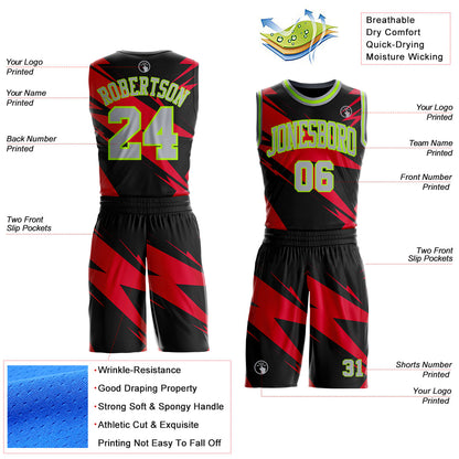 Custom Black Gray Red-Neon Green Abstract Lightning Round Neck Sublimation Basketball Uniform Jersey