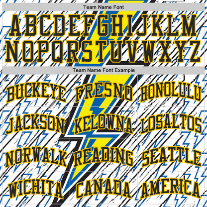 Custom White Black Blue-Yellow Geometric Lightning Round Neck Sublimation Basketball Uniform Jersey