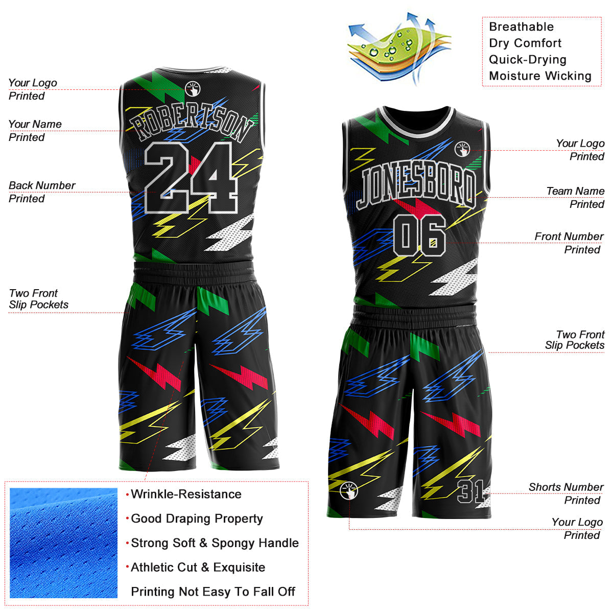 Custom Black Green Blue Red-White Geometric Lightning Round Neck Sublimation Basketball Uniform Jersey