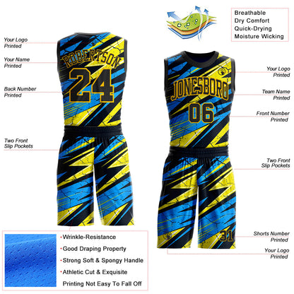 Custom Blue Black-Yellow Geometric Lightning Round Neck Sublimation Basketball Uniform Jersey