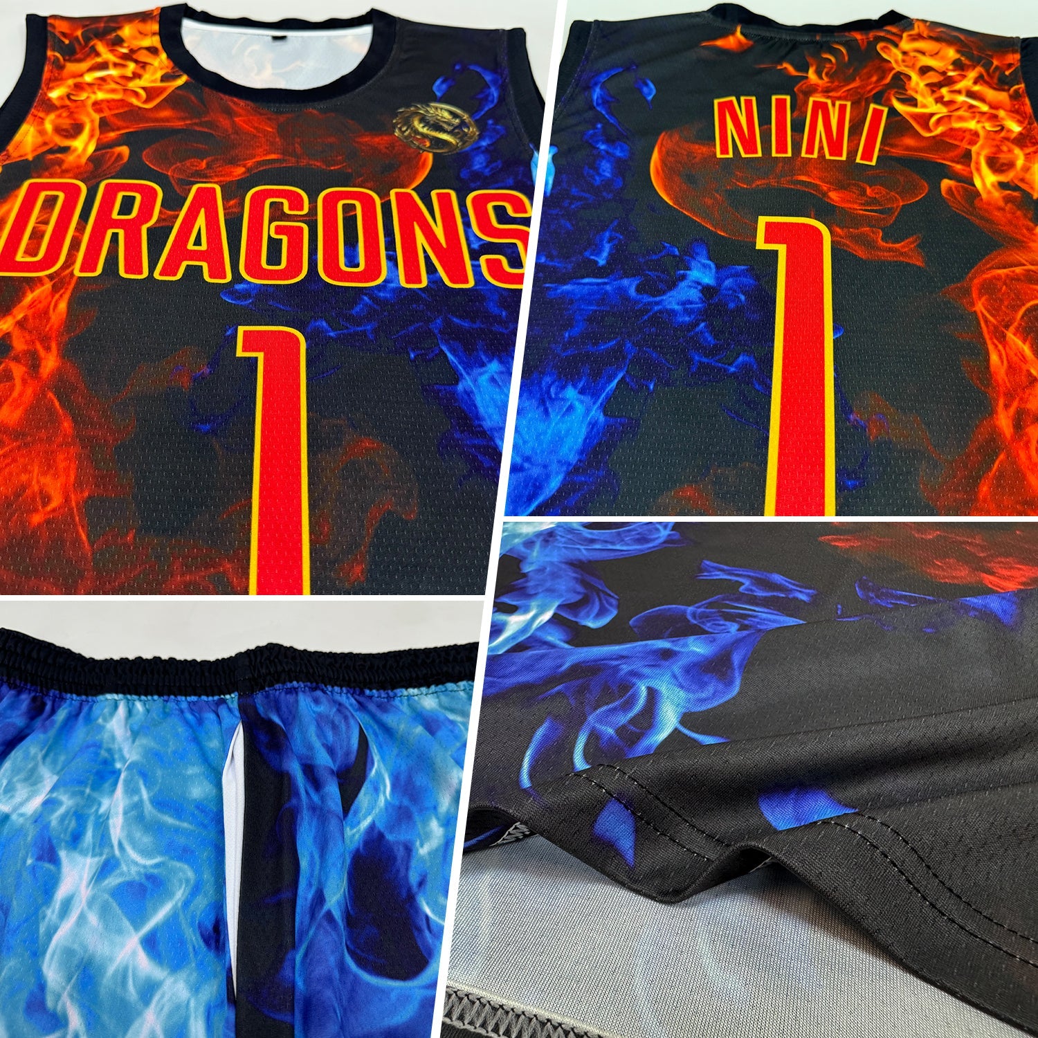 Custom Figure Red-Gold Flame Round Neck Sublimation Basketball Uniform Jersey