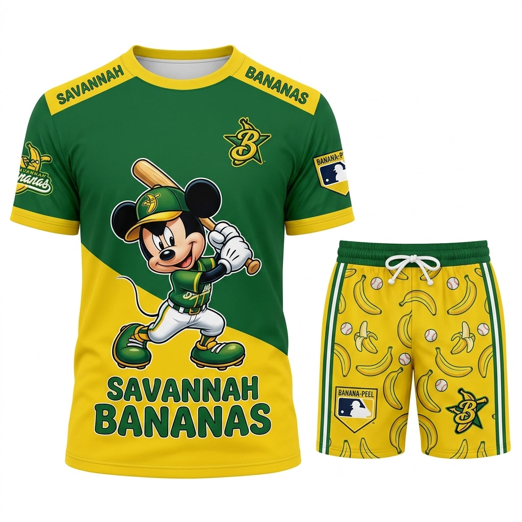 Baseball Fan T-Shirt And Shorts Set, Green Yellow Cartoon Sport Outfit For Summer