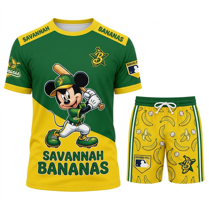 Baseball Fan T-Shirt And Shorts Set, Green Yellow Cartoon Sport Outfit For Summer
