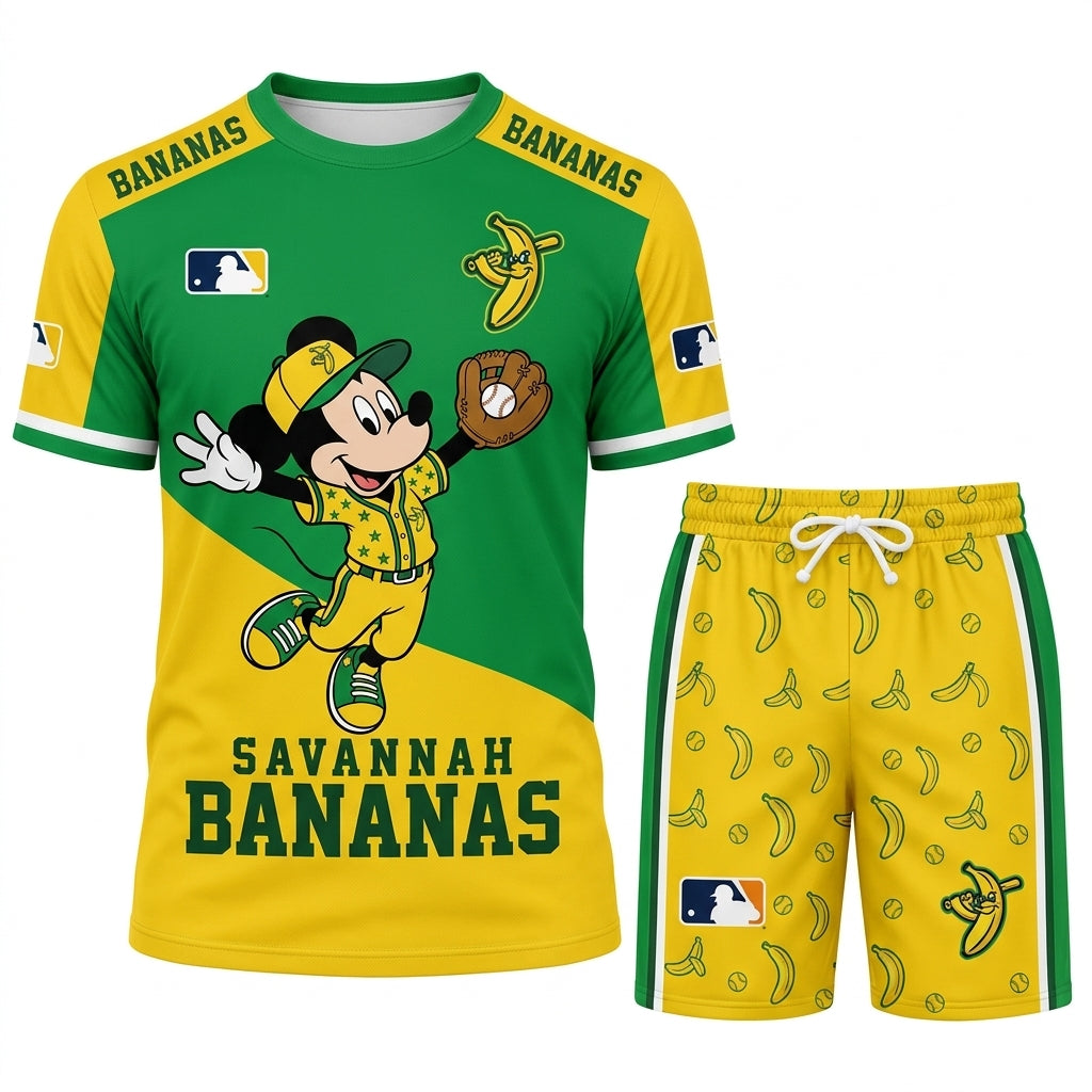 Baseball Fan T-Shirt And Shorts Set, Green Yellow Cartoon Sport Outfit For Summer