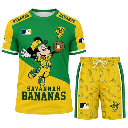 Baseball Fan T-Shirt And Shorts Set, Green Yellow Cartoon Sport Outfit For Summer