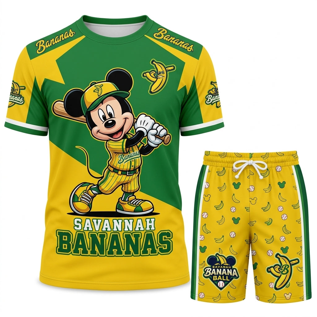 Baseball Fan T-Shirt And Shorts Set, Green Yellow Cartoon Sport Outfit For Summer