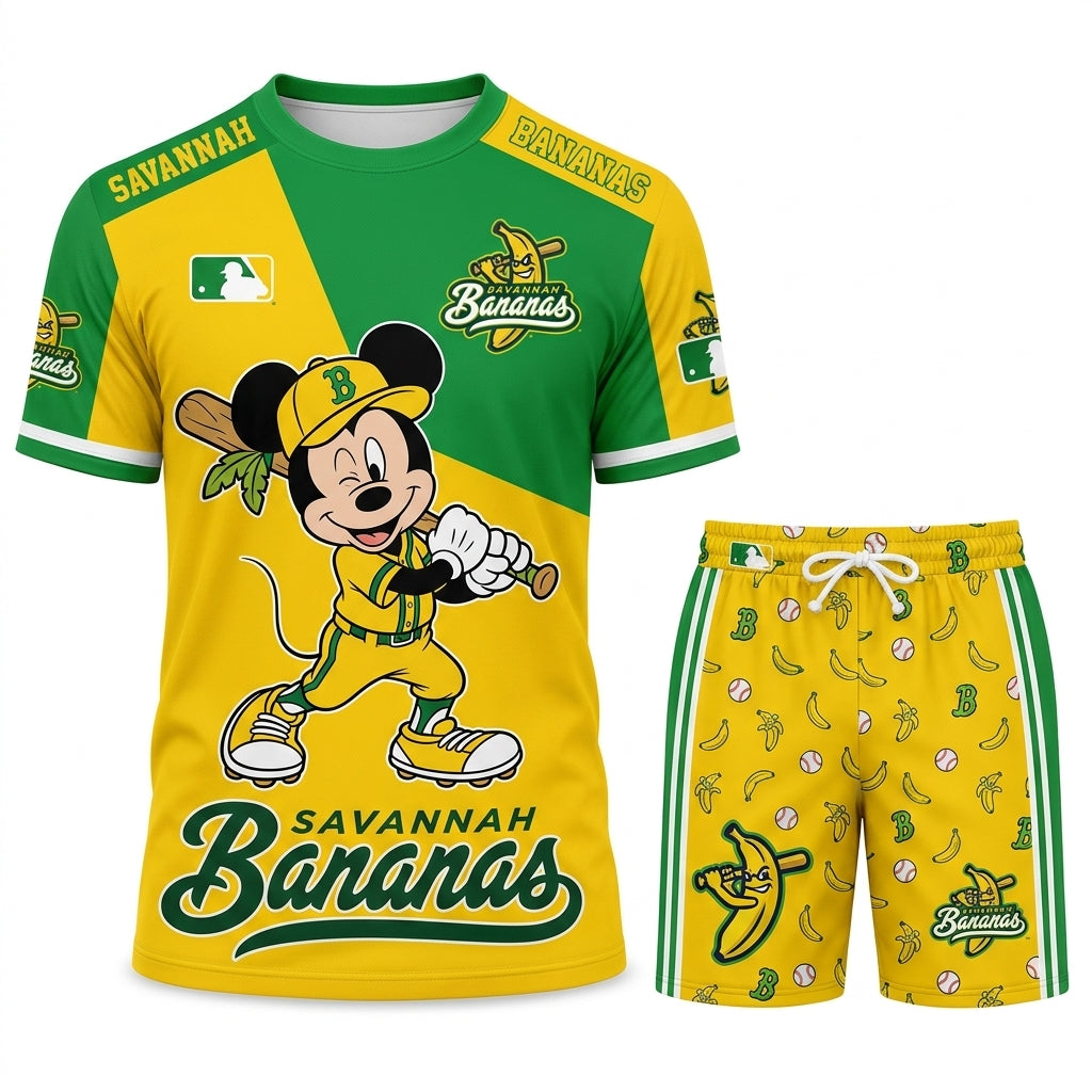 Baseball Fan T-Shirt And Shorts Set, Green Yellow Cartoon Sport Outfit For Summer