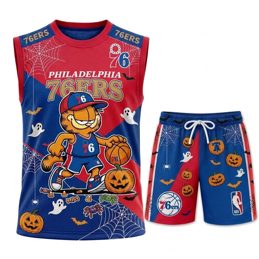 Halloween Basketball Jersey And Shorts Set, Cartoon Cat Sport Fan Outfit | 30 Teams Available