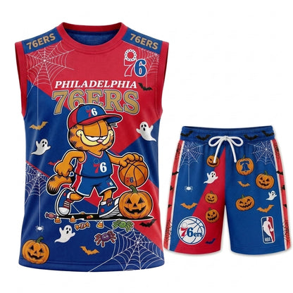 Halloween Basketball Jersey And Shorts Set, Cartoon Cat Sport Fan Outfit | 30 Teams Available