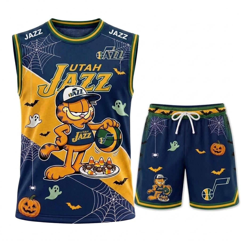 Halloween Basketball Jersey And Shorts Set, Cartoon Cat Sport Fan Outfit | 30 Teams Available