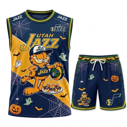 Halloween Basketball Jersey And Shorts Set, Cartoon Cat Sport Fan Outfit | 30 Teams Available