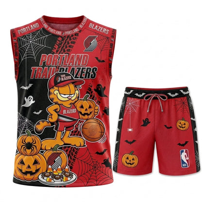 Halloween Basketball Jersey And Shorts Set, Cartoon Cat Sport Fan Outfit | 30 Teams Available