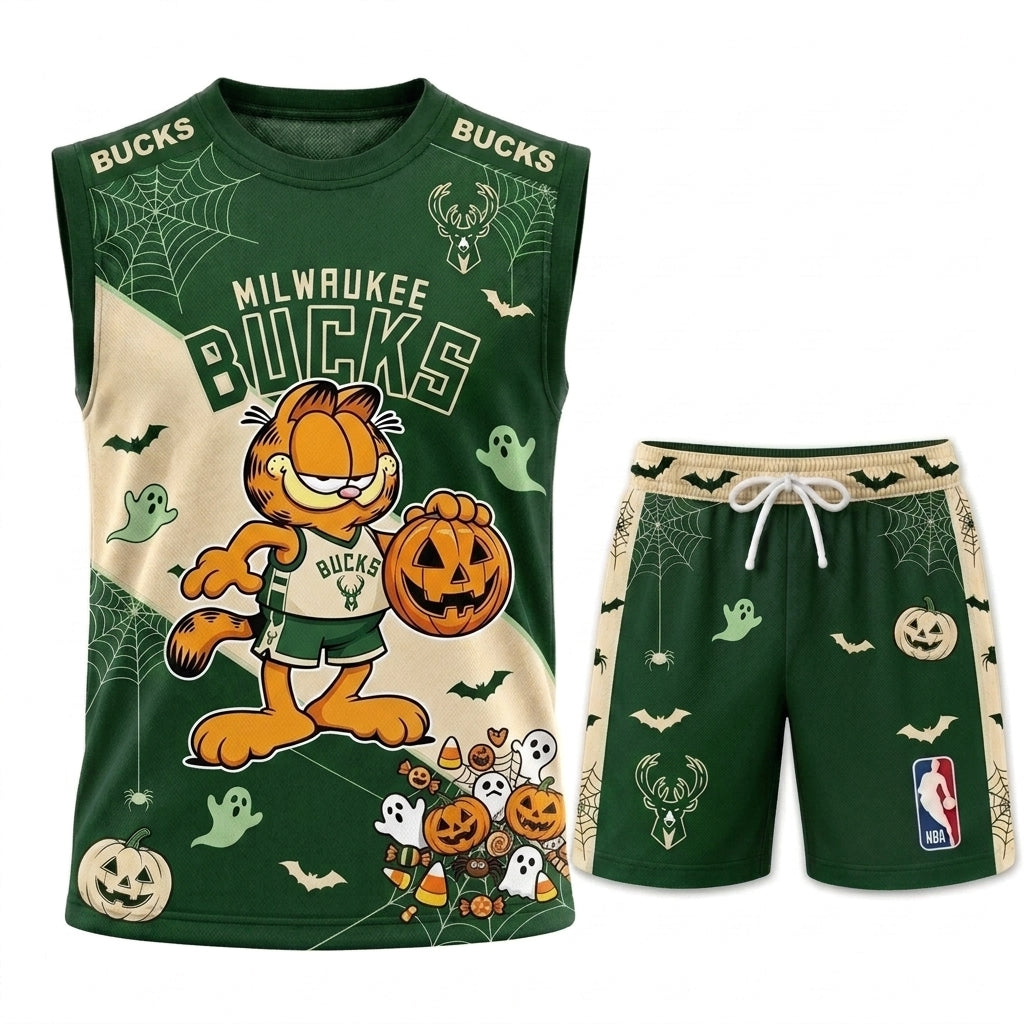 Halloween Basketball Jersey And Shorts Set, Cartoon Cat Sport Fan Outfit | 30 Teams Available