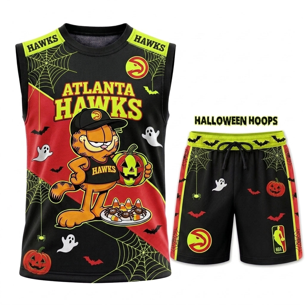 Halloween Basketball Jersey And Shorts Set, Cartoon Cat Sport Fan Outfit | 30 Teams Available