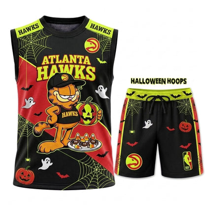 Halloween Basketball Jersey And Shorts Set, Cartoon Cat Sport Fan Outfit | 30 Teams Available