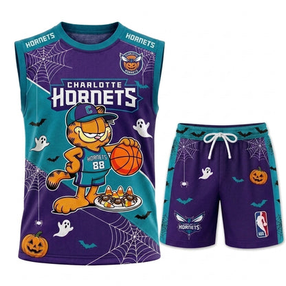 Halloween Basketball Jersey And Shorts Set, Cartoon Cat Sport Fan Outfit | 30 Teams Available