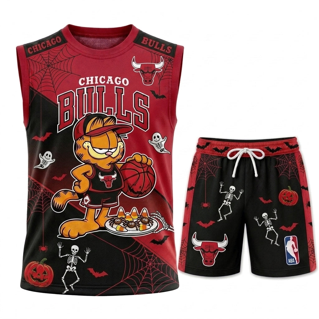 Halloween Basketball Jersey And Shorts Set, Cartoon Cat Sport Fan Outfit | 30 Teams Available