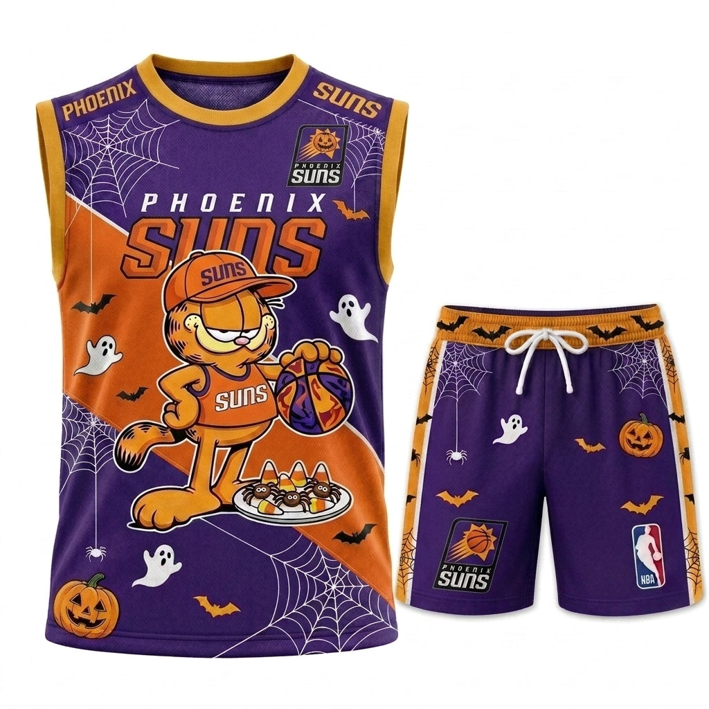 Halloween Basketball Jersey And Shorts Set, Cartoon Cat Sport Fan Outfit | 30 Teams Available