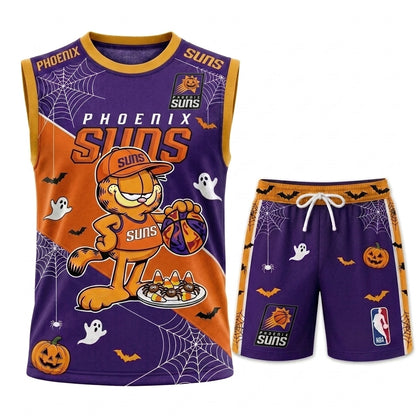Halloween Basketball Jersey And Shorts Set, Cartoon Cat Sport Fan Outfit | 30 Teams Available