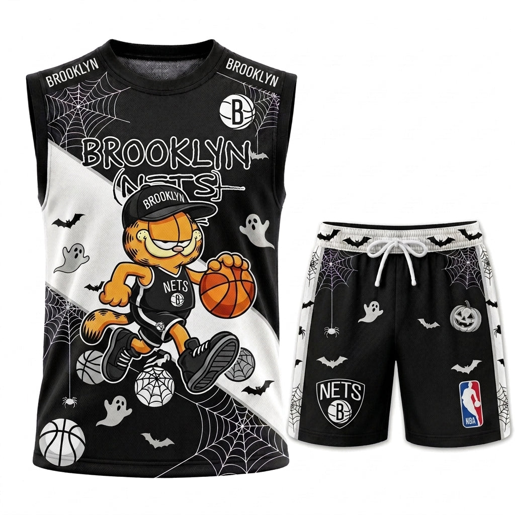 Halloween Basketball Jersey And Shorts Set, Cartoon Cat Sport Fan Outfit | 30 Teams Available