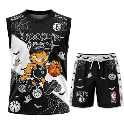Halloween Basketball Jersey And Shorts Set, Cartoon Cat Sport Fan Outfit | 30 Teams Available