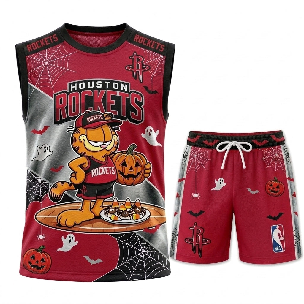 Halloween Basketball Jersey And Shorts Set, Cartoon Cat Sport Fan Outfit | 30 Teams Available