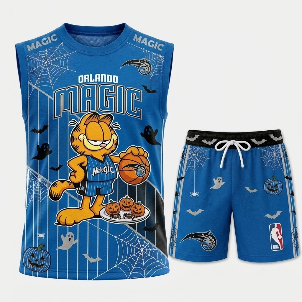Halloween Basketball Jersey And Shorts Set, Cartoon Cat Sport Fan Outfit | 30 Teams Available