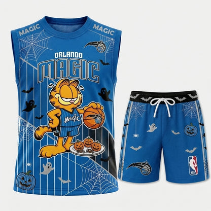 Halloween Basketball Jersey And Shorts Set, Cartoon Cat Sport Fan Outfit | 30 Teams Available