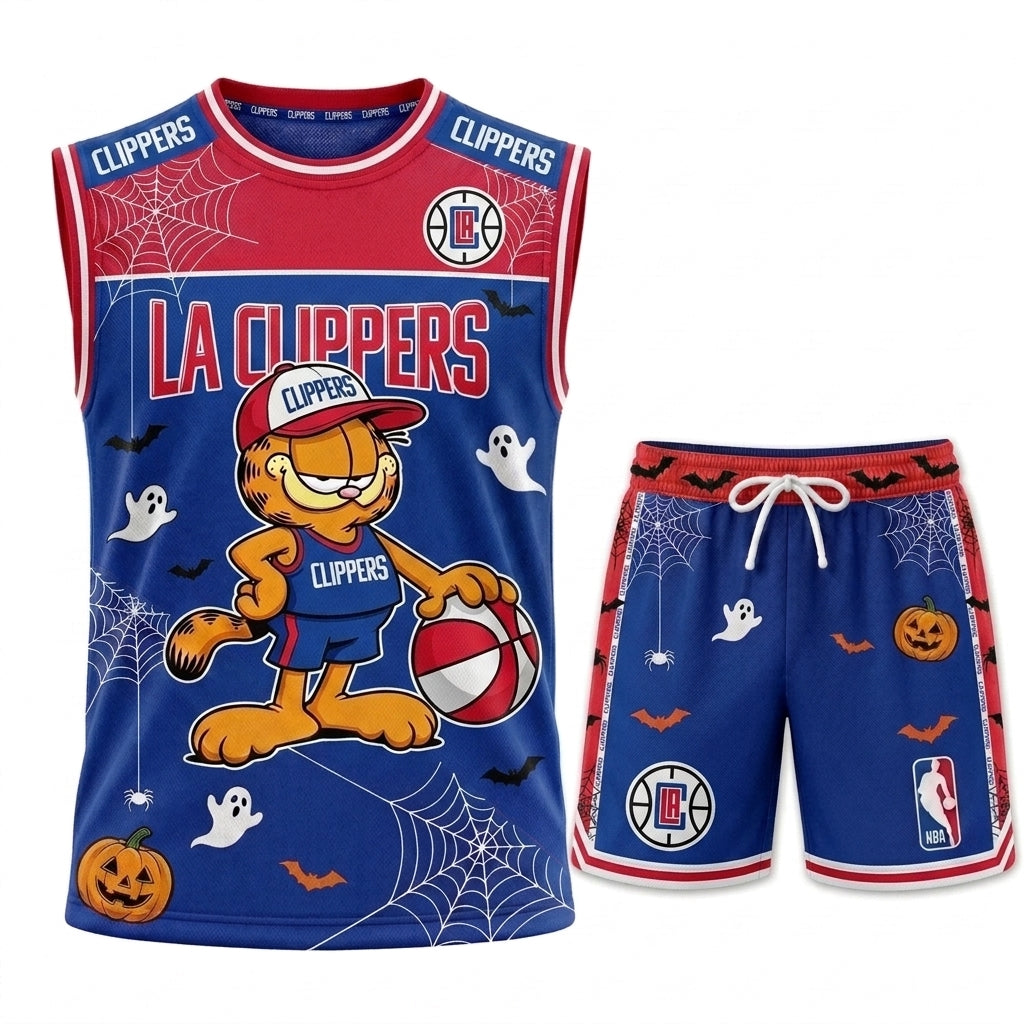Halloween Basketball Jersey And Shorts Set, Cartoon Cat Sport Fan Outfit | 30 Teams Available