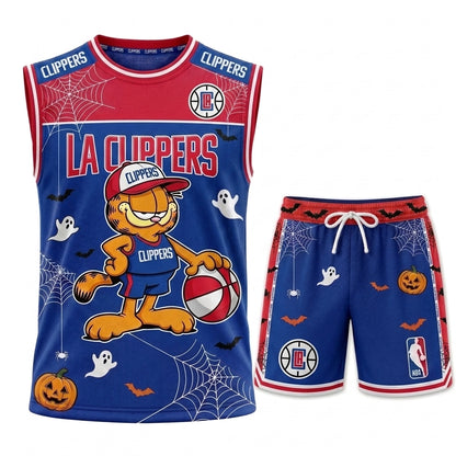 Halloween Basketball Jersey And Shorts Set, Cartoon Cat Sport Fan Outfit | 30 Teams Available