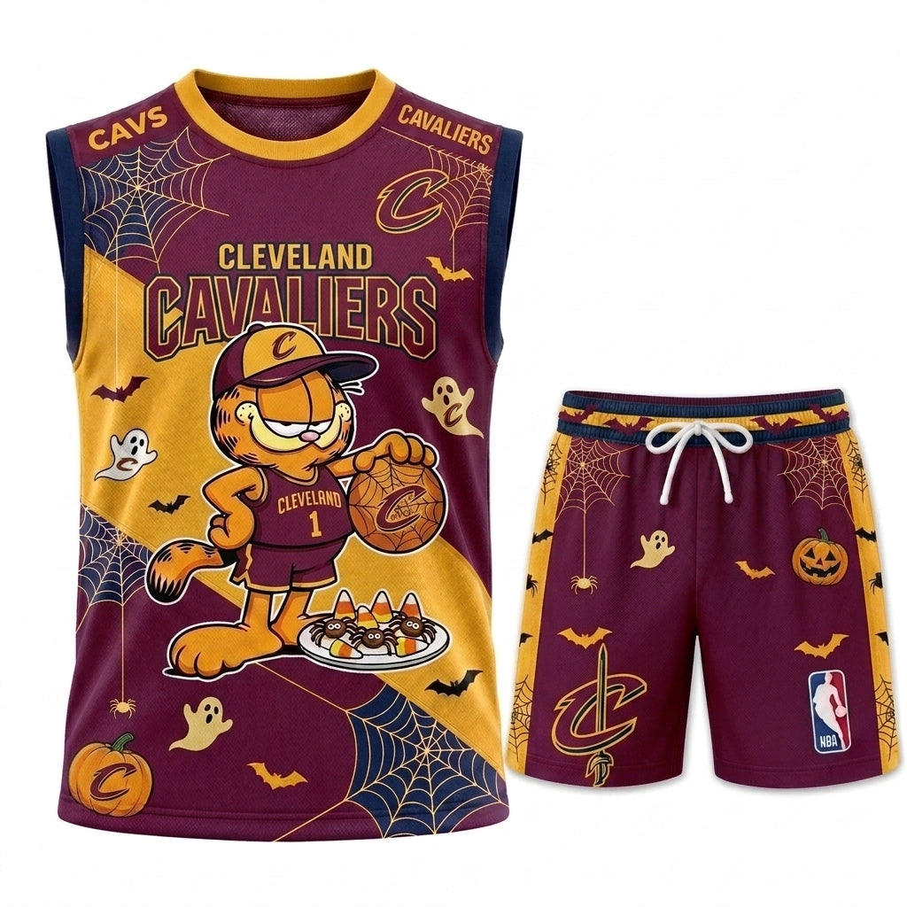 Halloween Basketball Jersey And Shorts Set, Cartoon Cat Sport Fan Outfit | 30 Teams Available