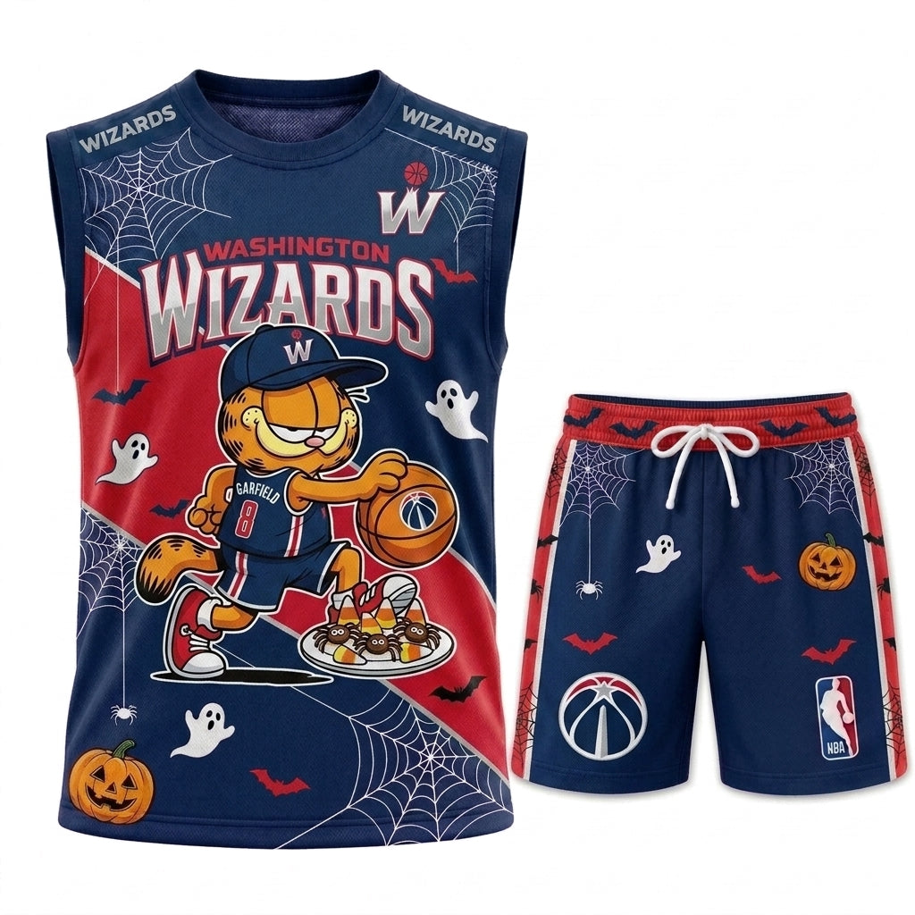 Halloween Basketball Jersey And Shorts Set, Cartoon Cat Sport Fan Outfit | 30 Teams Available