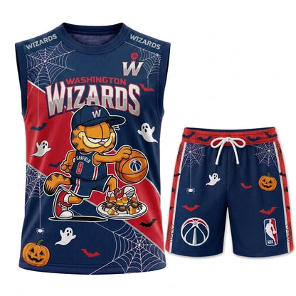Halloween Basketball Jersey And Shorts Set, Cartoon Cat Sport Fan Outfit | 30 Teams Available