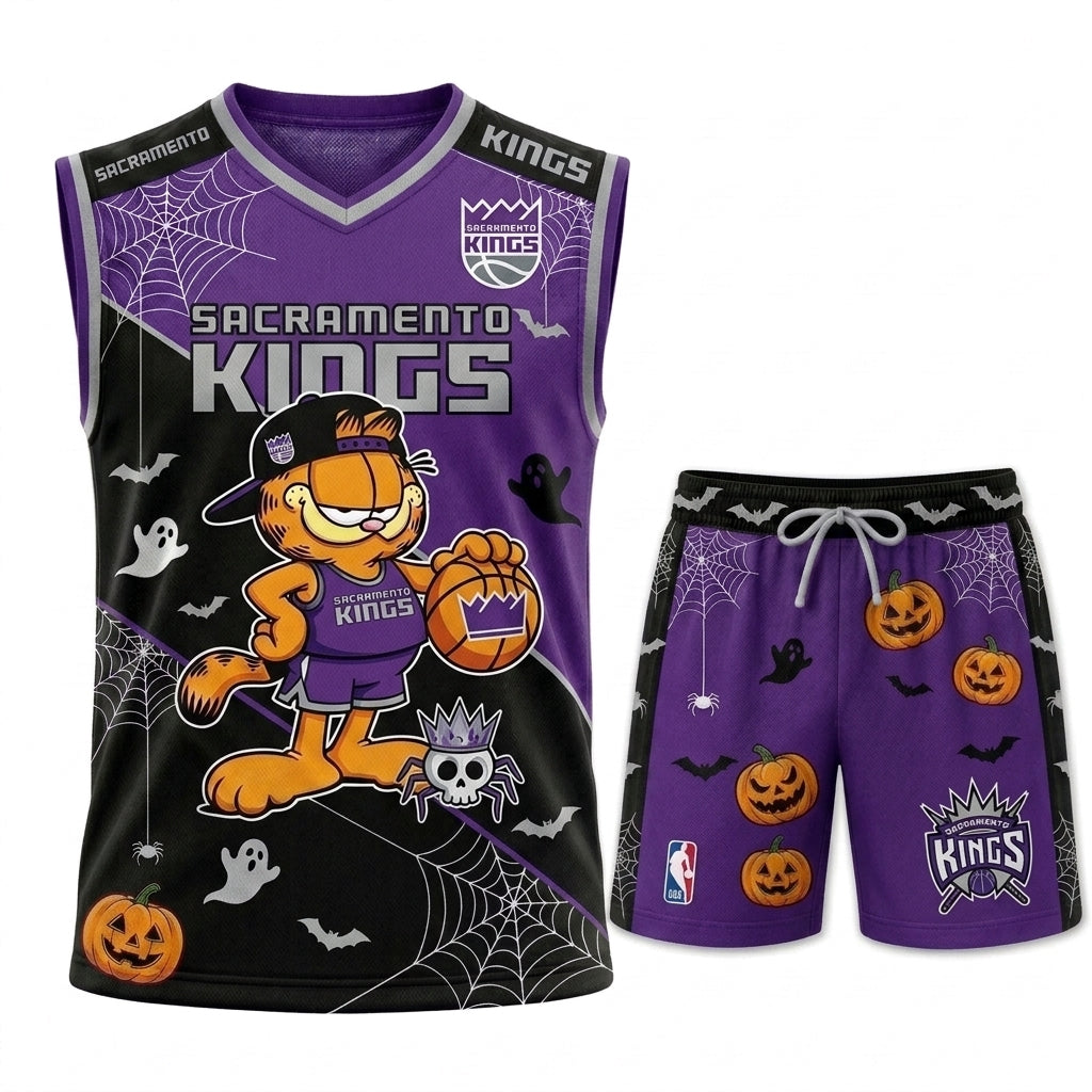 Halloween Basketball Jersey And Shorts Set, Cartoon Cat Sport Fan Outfit | 30 Teams Available