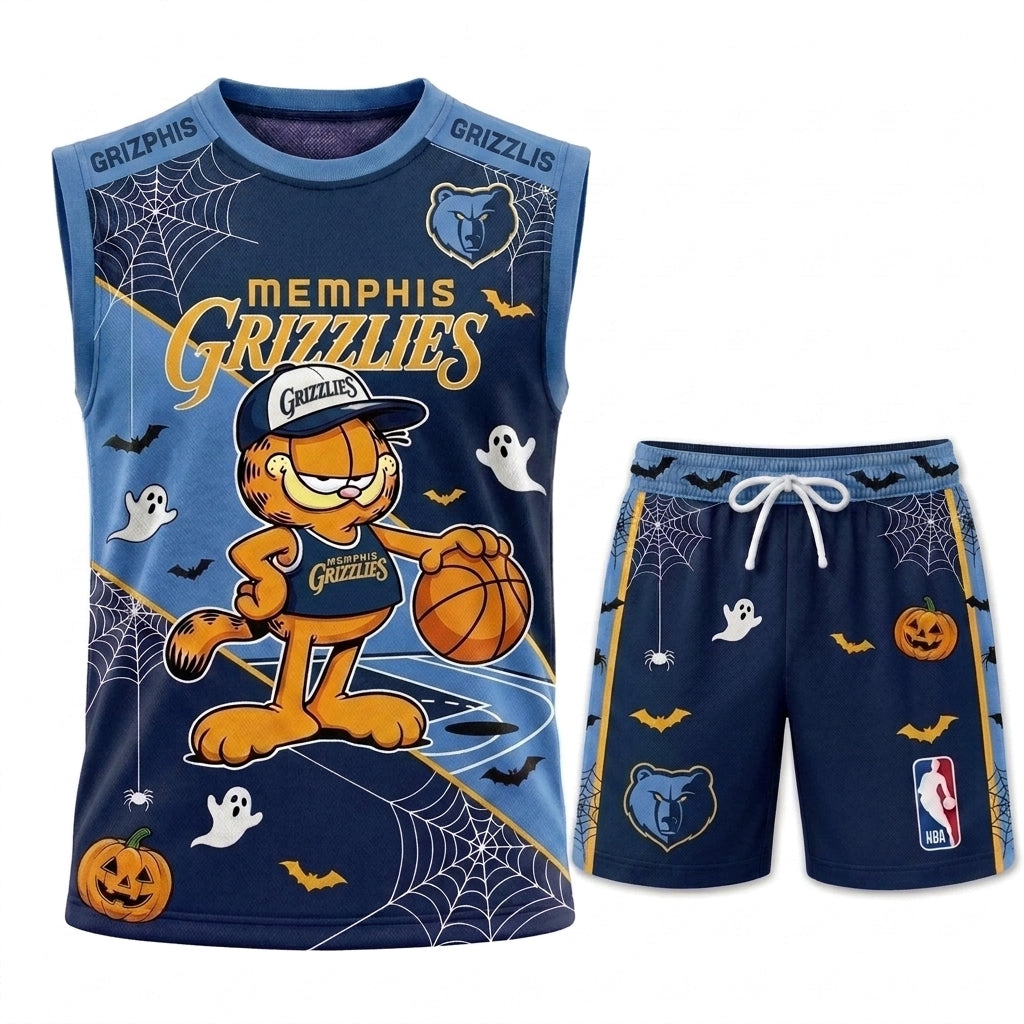 Halloween Basketball Jersey And Shorts Set, Cartoon Cat Sport Fan Outfit | 30 Teams Available