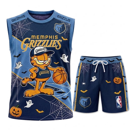Halloween Basketball Jersey And Shorts Set, Cartoon Cat Sport Fan Outfit | 30 Teams Available