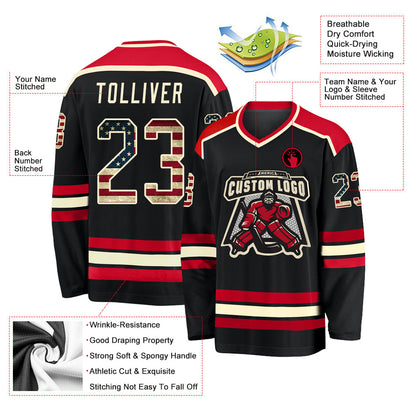 Custom Black Vintage USA Flag Cream-Red Hockey Jersey